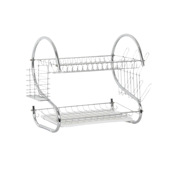 Raft din oțel inoxidabil cu dublu etaj, scurgător de vase, organizator de bucătărie modern minimalist pentru boluri, bețișoare și căni, construcție din oțel inoxidabil 304