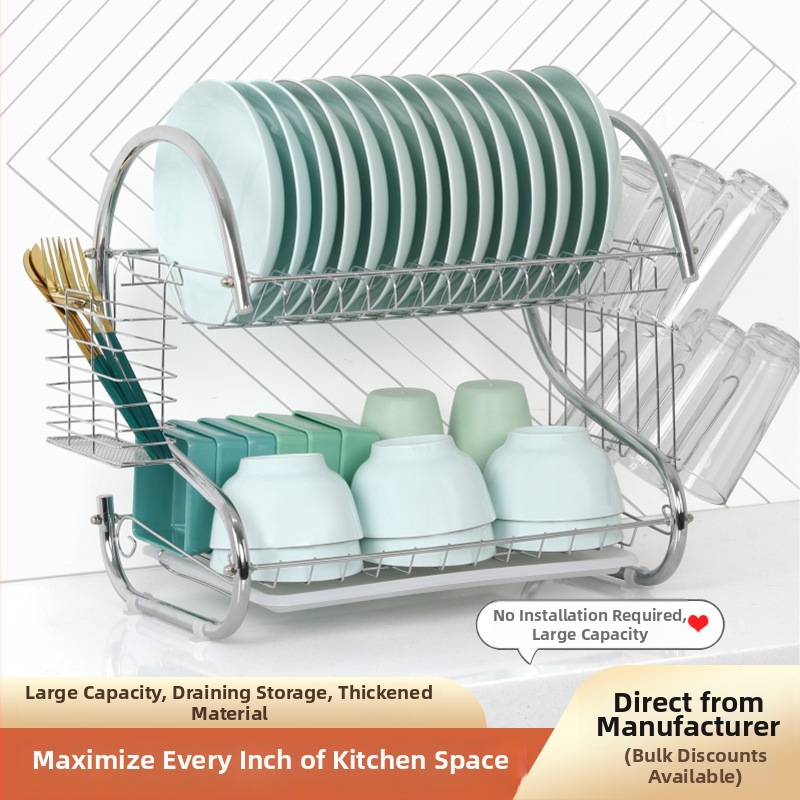 Raft din oțel inoxidabil cu dublu etaj, scurgător de vase, organizator de bucătărie modern minimalist pentru boluri, bețișoare și căni, construcție din oțel inoxidabil 304