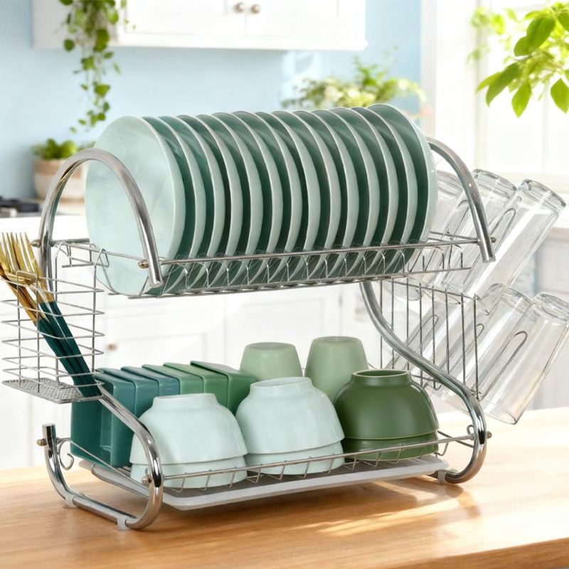 Raft din oțel inoxidabil cu dublu etaj, scurgător de vase, organizator de bucătărie modern minimalist pentru boluri, bețișoare și căni, construcție din oțel inoxidabil 304