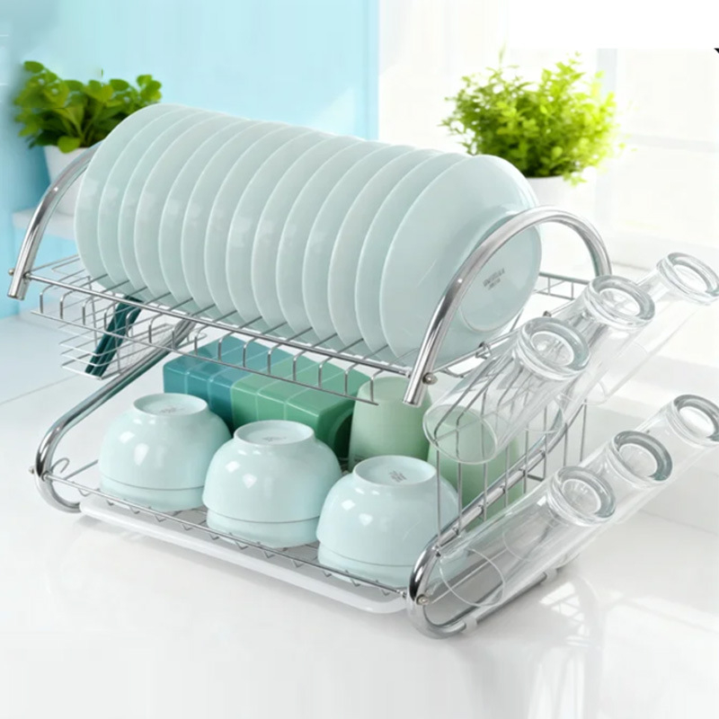 Raft din oțel inoxidabil cu dublu etaj, scurgător de vase, organizator de bucătărie modern minimalist pentru boluri, bețișoare și căni, construcție din oțel inoxidabil 304