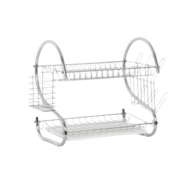 Raft din oțel inoxidabil cu dublu etaj, scurgător de vase, organizator de bucătărie modern minimalist pentru boluri, bețișoare și căni, construcție din oțel inoxidabil 304