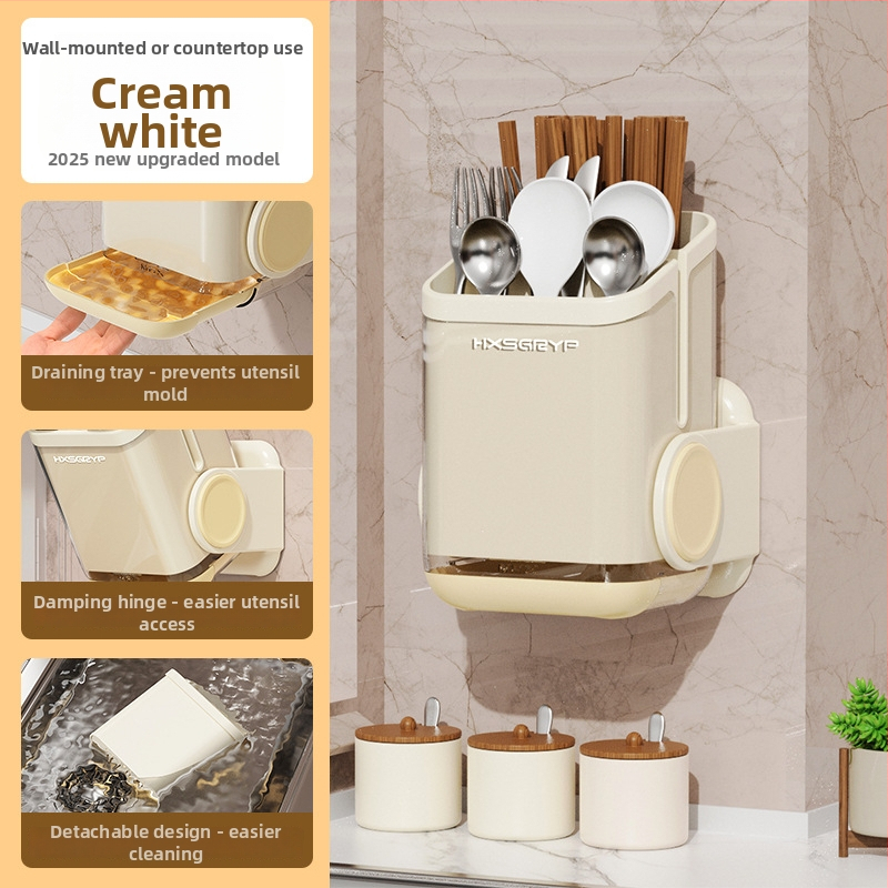 Suport de perete pentru bețișoare și tacâmuri, drenaj și rezistență la mucegai, material PET, Organizator multifuncțional de bucătărie