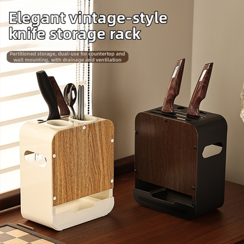 Raft pentru cuțite de bucătărie din oțel carbon, organizator multifuncțional cu tavă de drenaj, montaj pe perete sau pe blat
