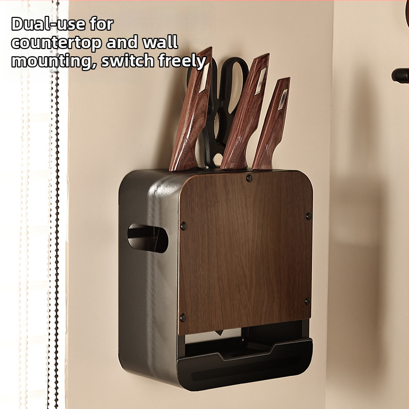 Raft pentru cuțite de bucătărie din oțel carbon, organizator multifuncțional cu tavă de drenaj, montaj pe perete sau pe blat