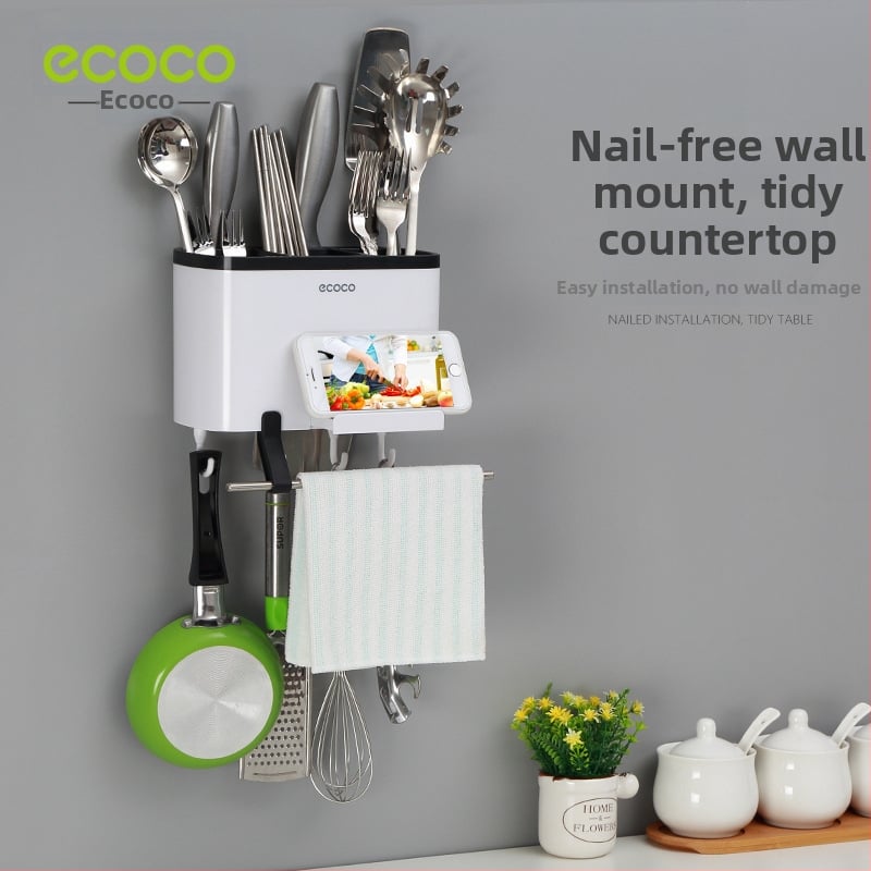 Raft de bucătărie montat pe perete pentru tacâmuri, din plastic, multifuncțional, cu drenaj