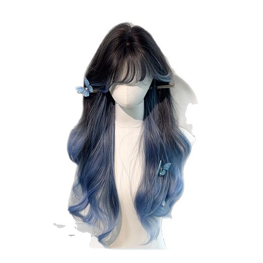 Perucă pentru femei cu franjă dreaptă, păr lung buclat, valuri mari, fibră sintetică, confectionare mecanizată