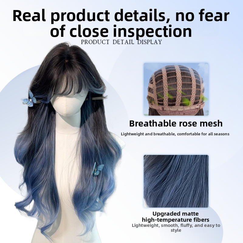 Perucă pentru femei cu franjă dreaptă, păr lung buclat, valuri mari, fibră sintetică, confectionare mecanizată