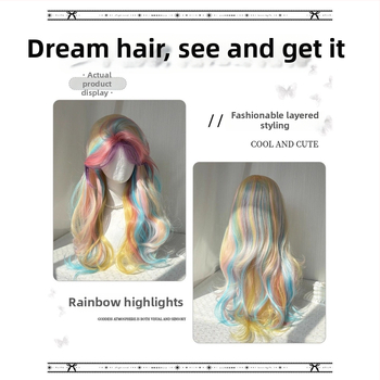 Perucă lungă buclată pentru femei, breton cu despărțire la mijloc, fibră rezistentă la temperatură, capac cu mecanism, aspect natural