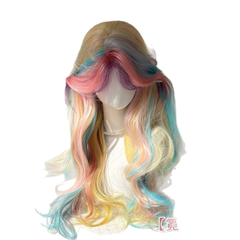 Perucă lungă buclată pentru femei, breton cu despărțire la mijloc, fibră rezistentă la temperatură, capac cu mecanism, aspect natural