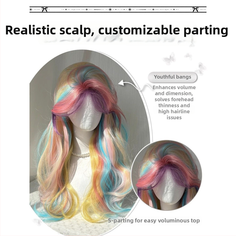 Perucă lungă buclată pentru femei, breton cu despărțire la mijloc, fibră rezistentă la temperatură, capac cu mecanism, aspect natural
