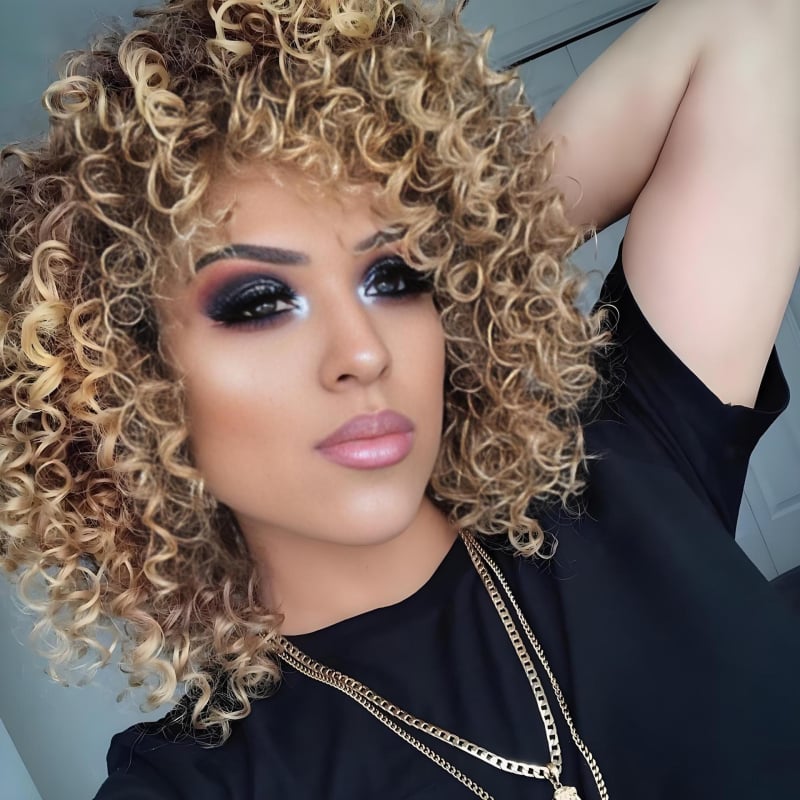 Kratka Afro kovrčava perika s čistim bangs, vlakna otporna na toplinu, model ws642m, brend Janie, stil Ruili, nije pogodno za bojanje