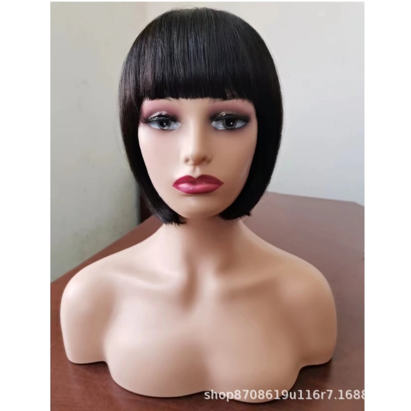 Perika od prirodne kose, kratka ravna kosa s bangs, model S, etnički stil, bez bojenja i trajne