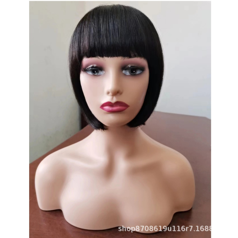 Perika od prirodne kose, kratka ravna kosa s bangs, model S, etnički stil, bez bojenja i trajne