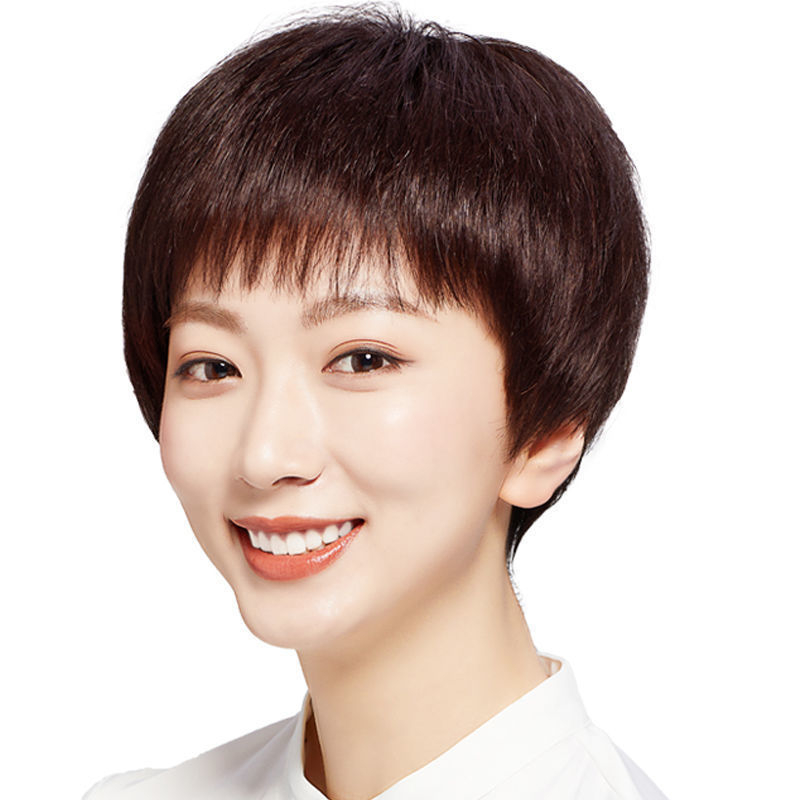 Perucă scurtă din păr real pentru femei de vârstă mijlocie și în vârstă, construcție cu mecanism, potrivită pentru orice nuanță de piele și formă a feței