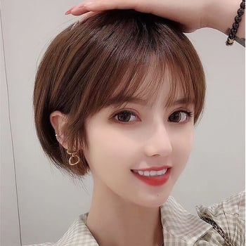 Perucă pentru femei, păr bob scurt, păr uman real, stil coreean, perucă completă pentru cap, bucle pufoase