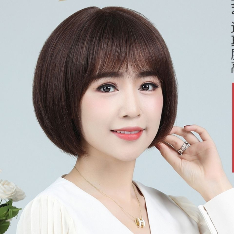 Perucă pentru întreaga cap pentru femei, bob scurt cu breton drept, fibră rezistentă la temperatură, model 108, nu este potrivită pentru vopsire cu căldură