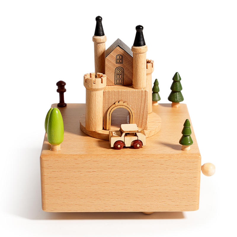 Drevená hudobná skrinka s motívom karuselu baletky, ručne vyrobená, moderný minimalistický štýl, možná tlač loga, darček k narodeninám.