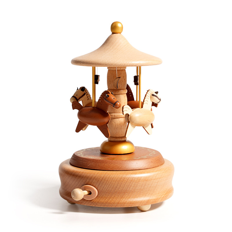 Drevená hudobná skrinka s motívom karuselu baletky, ručne vyrobená, moderný minimalistický štýl, možná tlač loga, darček k narodeninám.