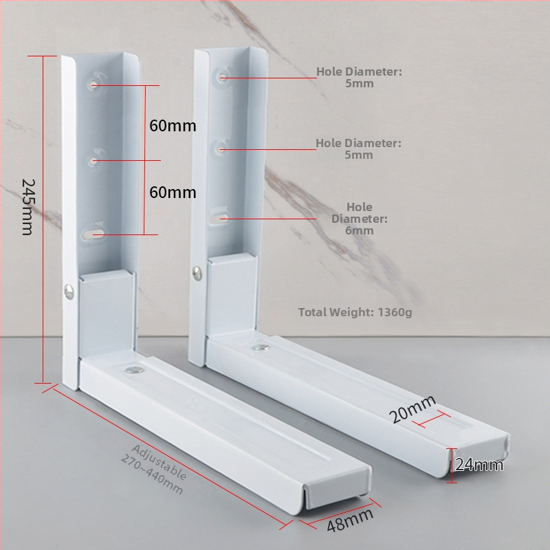 Nástený stojan na mikrovlnnú rúru so skladacím držiakom, dvojúrovňové úložisko, konštrukcia z kovového zliatiny, teleskopická