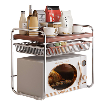 Použitkový kuchynský stojan na mikrovlnnú rúru na pracovnej doske, dvojité úrovne, vysúvací dizajn, držiak na ryžu, vrstvený regál, viacúčelový regál na koreniny; Materiál: uhlíková oceľ + doska s hustotou; Spracovanie: prispôsobené výkresy; Štýl: moderná 