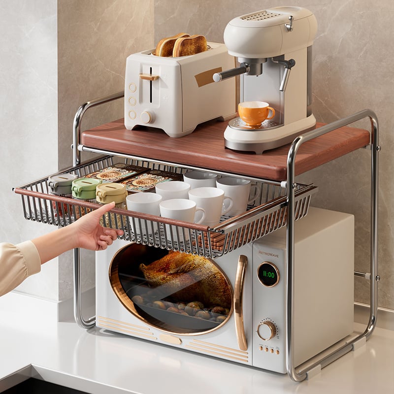 Použitkový kuchynský stojan na mikrovlnnú rúru na pracovnej doske, dvojité úrovne, vysúvací dizajn, držiak na ryžu, vrstvený regál, viacúčelový regál na koreniny; Materiál: uhlíková oceľ + doska s hustotou; Spracovanie: prispôsobené výkresy; Štýl: moderná 