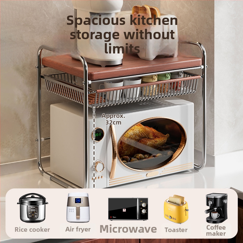 Použitkový kuchynský stojan na mikrovlnnú rúru na pracovnej doske, dvojité úrovne, vysúvací dizajn, držiak na ryžu, vrstvený regál, viacúčelový regál na koreniny; Materiál: uhlíková oceľ + doska s hustotou; Spracovanie: prispôsobené výkresy; Štýl: moderná 