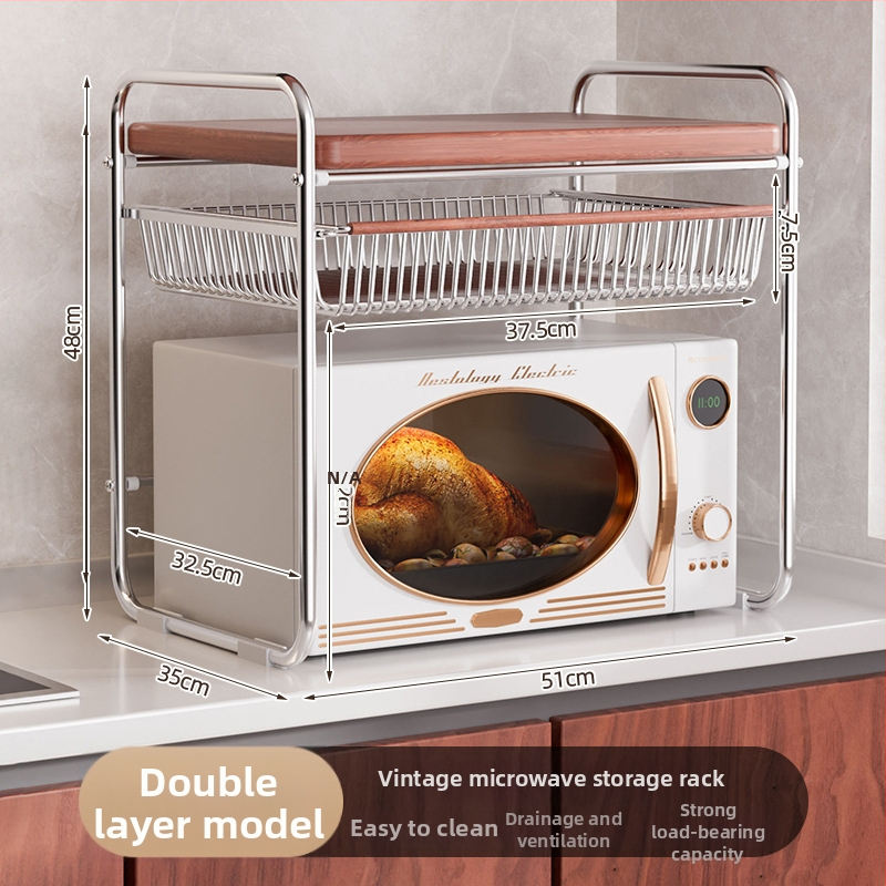 Použitkový kuchynský stojan na mikrovlnnú rúru na pracovnej doske, dvojité úrovne, vysúvací dizajn, držiak na ryžu, vrstvený regál, viacúčelový regál na koreniny; Materiál: uhlíková oceľ + doska s hustotou; Spracovanie: prispôsobené výkresy; Štýl: moderná 