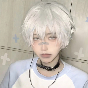 Férfi rövid paróka fehér hajjal, cosplayhoz, japán anime-stílusú, teljes fejfedő