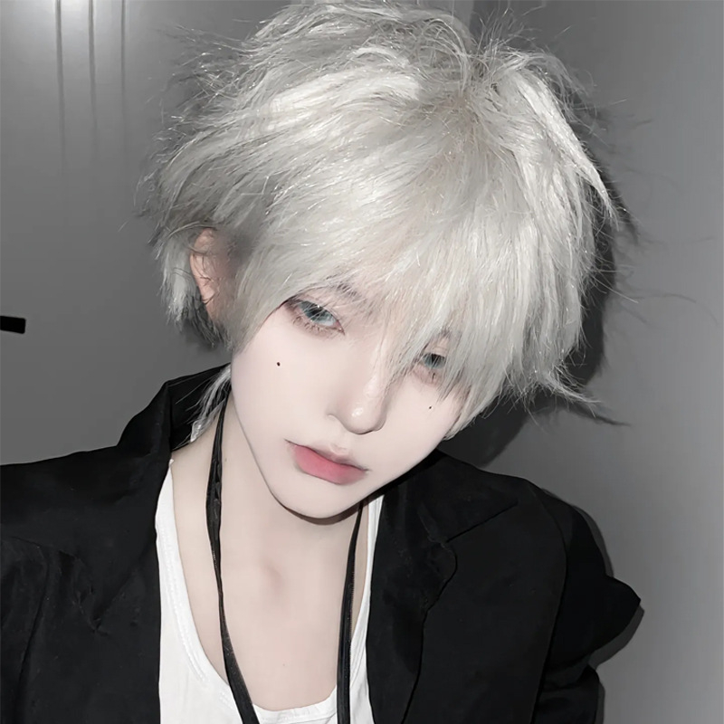 Férfi rövid paróka fehér hajjal, cosplayhoz, japán anime-stílusú, teljes fejfedő