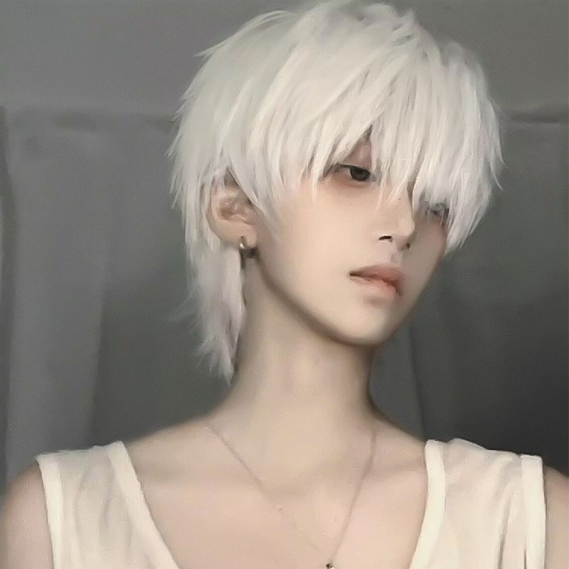 Férfi rövid paróka fehér hajjal, cosplayhoz, japán anime-stílusú, teljes fejfedő