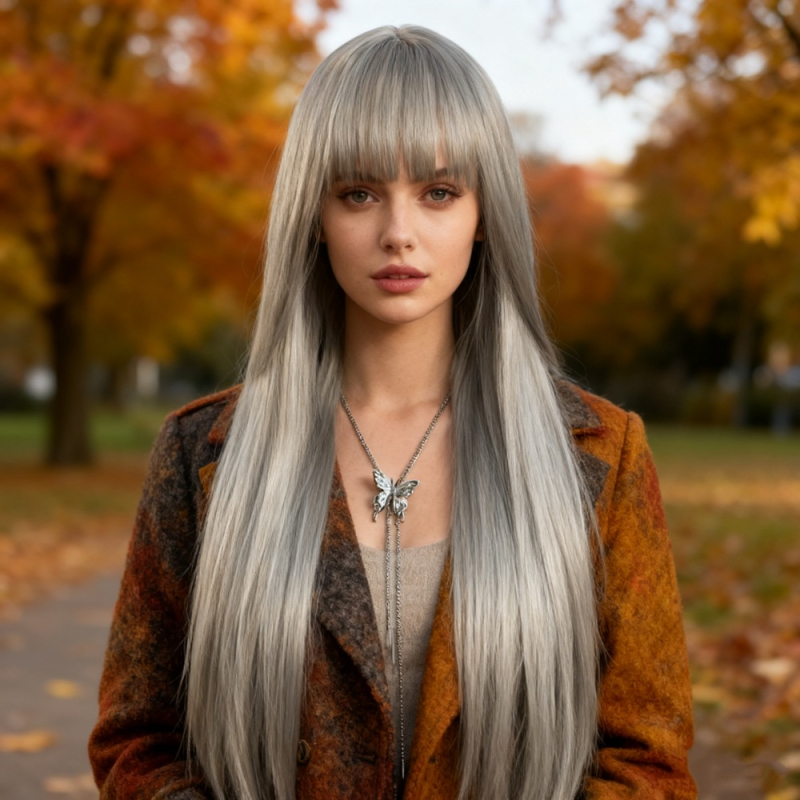 Baifumi perika u korejskom stilu s prozračnom fringeom, duga ravna kosa, termička vlakna za cosplay