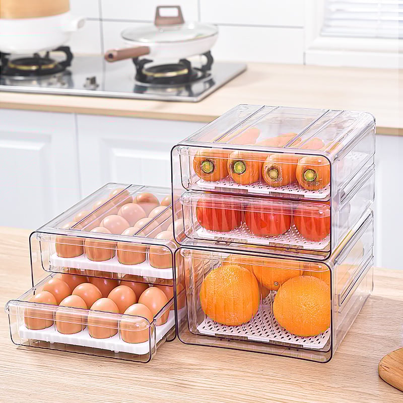 Прозрачна кутия за хладилник с чекмедже за яйца, многоетажна за съхранение на храни и запазване на свежест