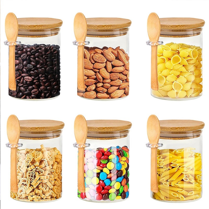 Stakleni set kuhinjskih posuda s poklopcem i visećom žličom, okrugli spremnici za skladištenje 301–500 ml, moderni stil