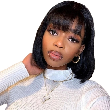 Perucă cu breton drept, bob mediu-lung, fibră termorezistentă, model 743, acoperire completă a capului