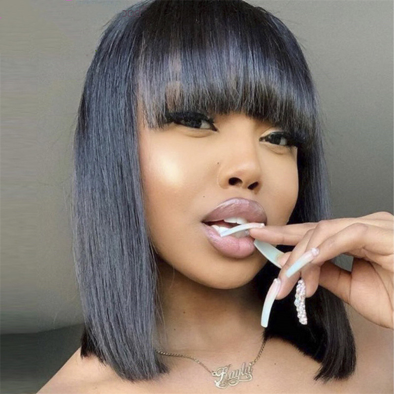 Perucă cu breton drept, bob mediu-lung, fibră termorezistentă, model 743, acoperire completă a capului