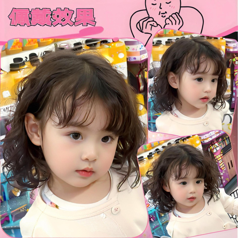 Perucă cu păr scurt buclat și breton aer, fibră rezistentă la temperaturi înalte, stil natural, model 913, pentru copii