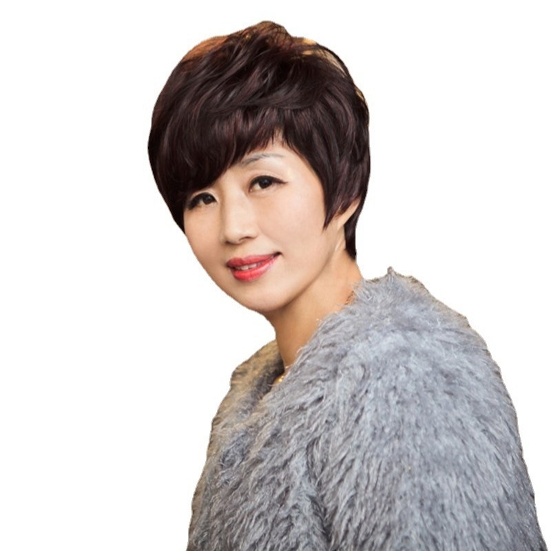 Perucă scurtă, bucle ondulate, din fibră rezistentă la temperatură, model 288, pentru femei de vârstă mijlocie și vârstnice, breton oblic