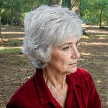 Perucă scurtă dreaptă pentru femei – model 7569, fibre de mătase rezistente la temperaturi înalte, procesare mecanizată, breton lateral