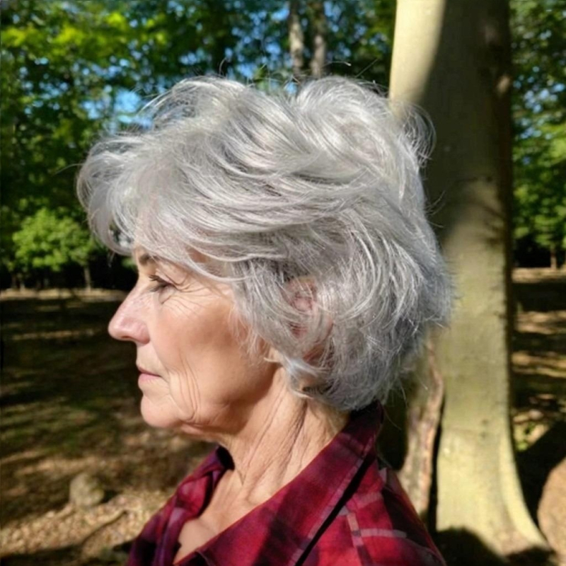 Perucă scurtă dreaptă pentru femei – model 7569, fibre de mătase rezistente la temperaturi înalte, procesare mecanizată, breton lateral