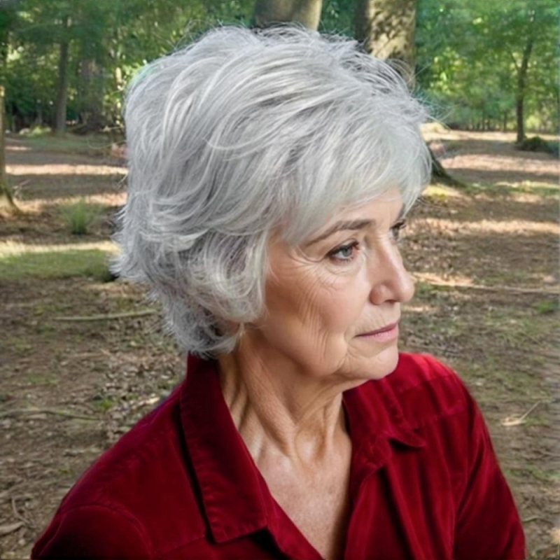 Perucă scurtă dreaptă pentru femei – model 7569, fibre de mătase rezistente la temperaturi înalte, procesare mecanizată, breton lateral