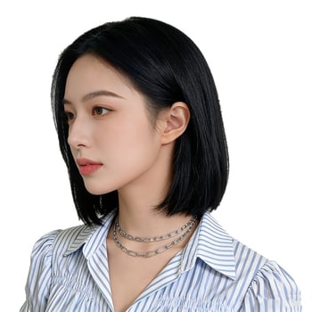 Perucă Baifumi în tunsoare bob, model 740 — fibre rezistente la temperatură, păr scurt drept, breton cu part median, modelare facială, personalizare a designului, etichetă privată disponibilă