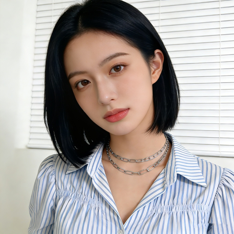 Perucă Baifumi în tunsoare bob, model 740 — fibre rezistente la temperatură, păr scurt drept, breton cu part median, modelare facială, personalizare a designului, etichetă privată disponibilă