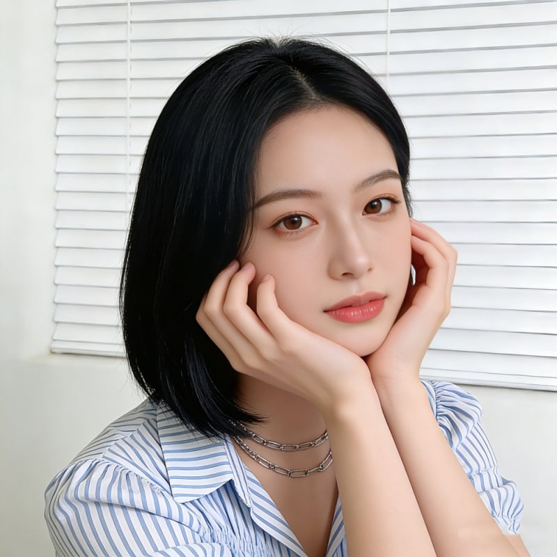 Perucă Baifumi în tunsoare bob, model 740 — fibre rezistente la temperatură, păr scurt drept, breton cu part median, modelare facială, personalizare a designului, etichetă privată disponibilă