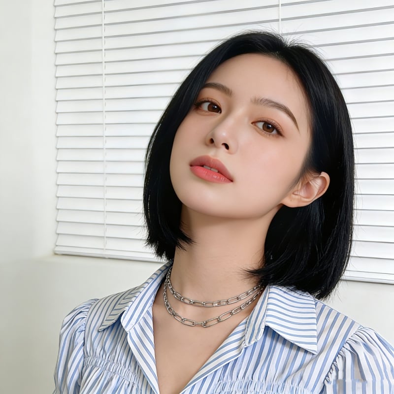 Perucă Baifumi în tunsoare bob, model 740 — fibre rezistente la temperatură, păr scurt drept, breton cu part median, modelare facială, personalizare a designului, etichetă privată disponibilă