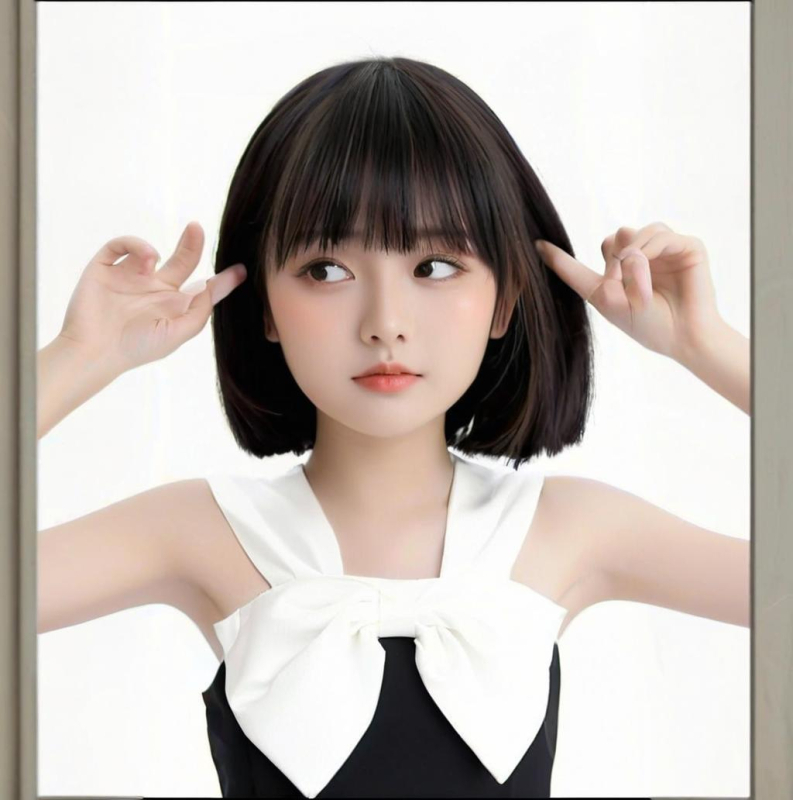 Perucă pentru copii, păr scurt drept, breton aerian, mătase la temperaturi înalte, prelucrare mecanică