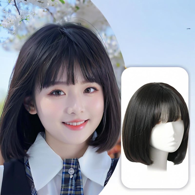 Perucă pentru copii, păr scurt drept, breton aerian, mătase la temperaturi înalte, prelucrare mecanică