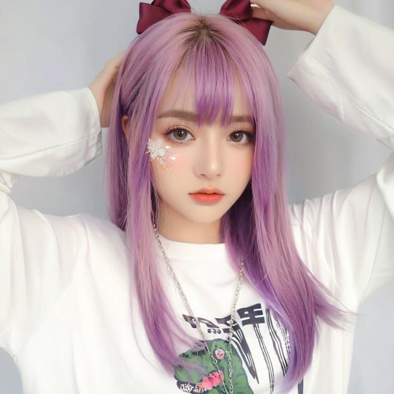 Păr pentru femei, păr mediu-lung, aspect natural, breton aerian, acoperire completă a capului, model 789, fibre rezistente la temperatură, poate fi vopsită sau îndreptată