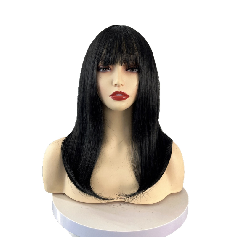 Păr pentru femei, păr mediu-lung, aspect natural, breton aerian, acoperire completă a capului, model 789, fibre rezistente la temperatură, poate fi vopsită sau îndreptată