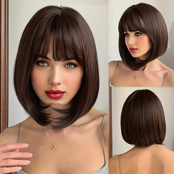 Perucă pentru femei, scurtă, drept, model 752, fibră rezistentă la temperaturi, breton aerian