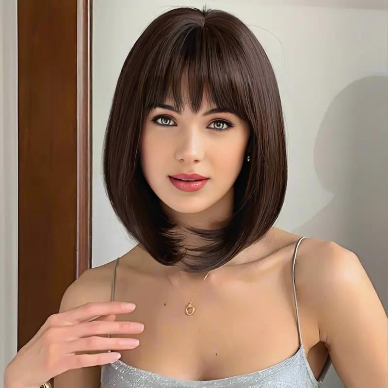 Perucă pentru femei, scurtă, drept, model 752, fibră rezistentă la temperaturi, breton aerian